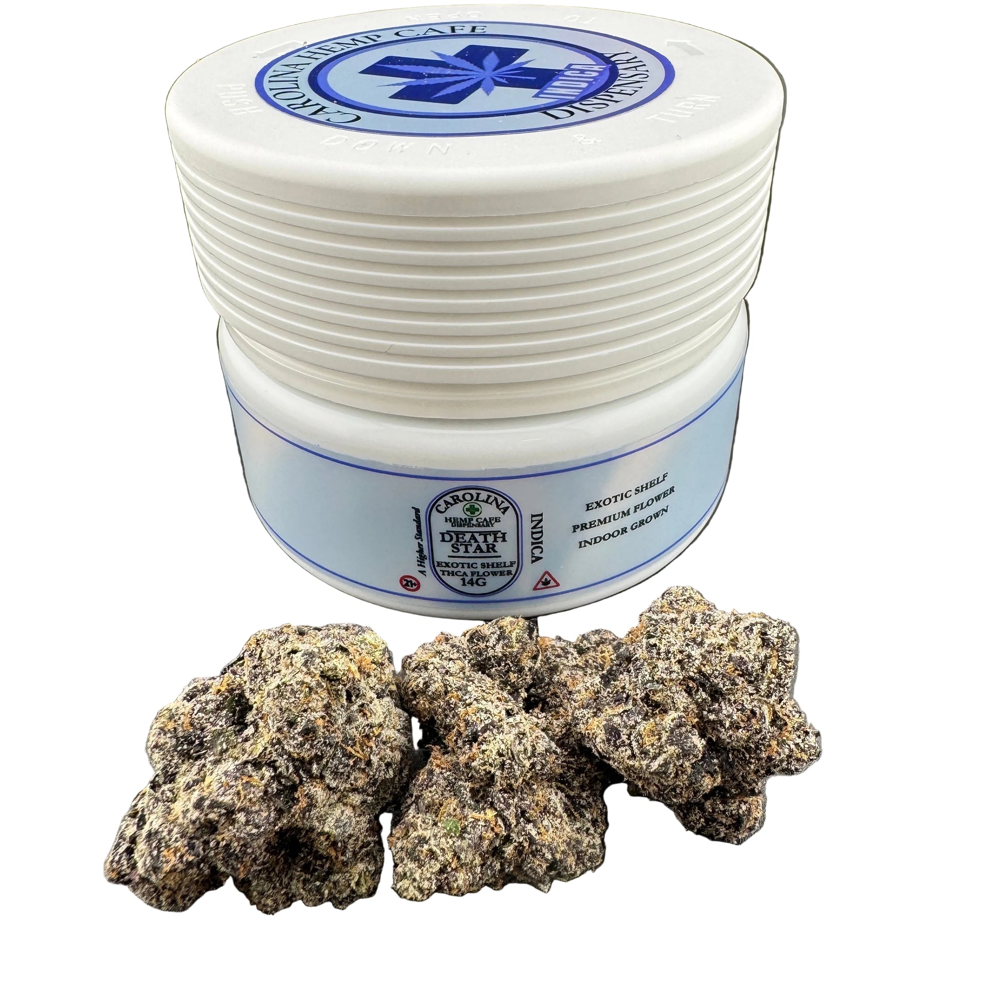 White container with blue label and cannabis buds on a white background