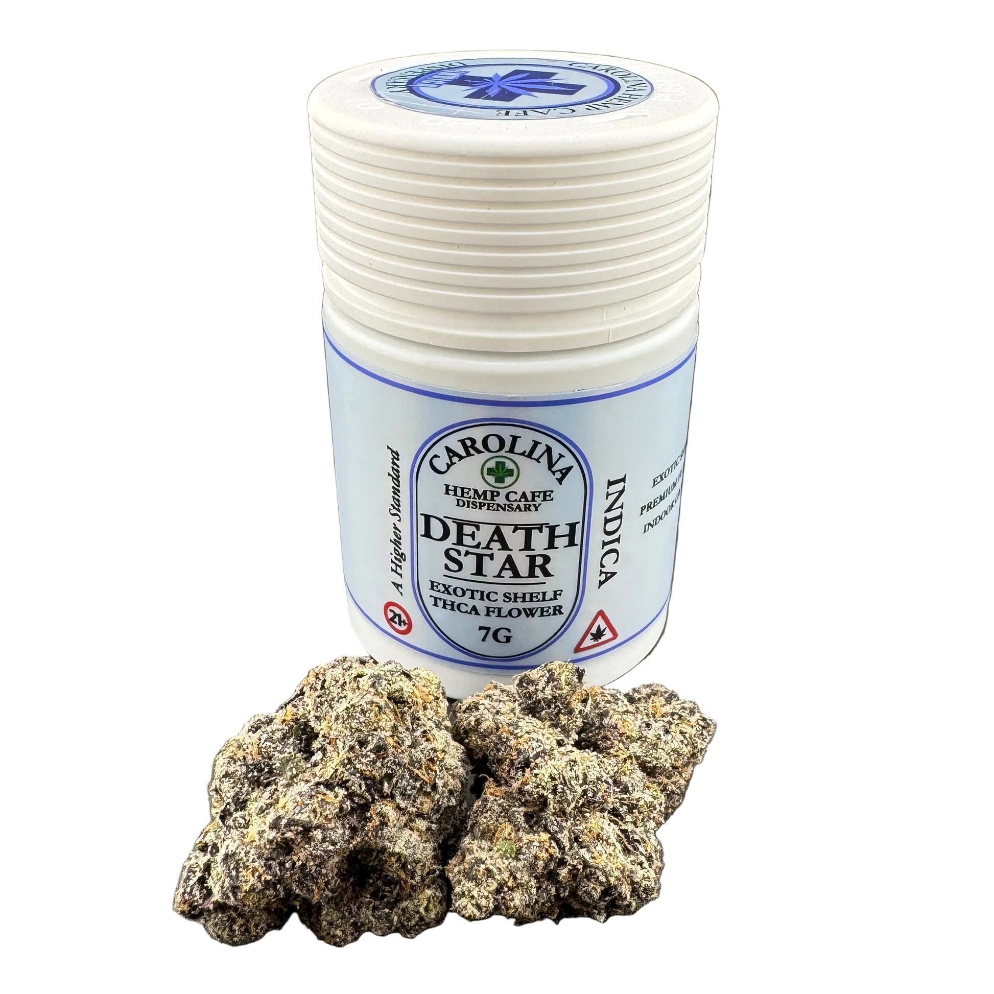 Jar of 'Death Star' indica cannabis flower with a white background