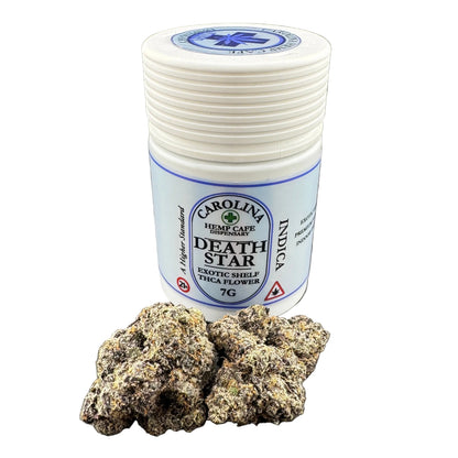 Jar of 'Death Star' indica cannabis flower with a white background