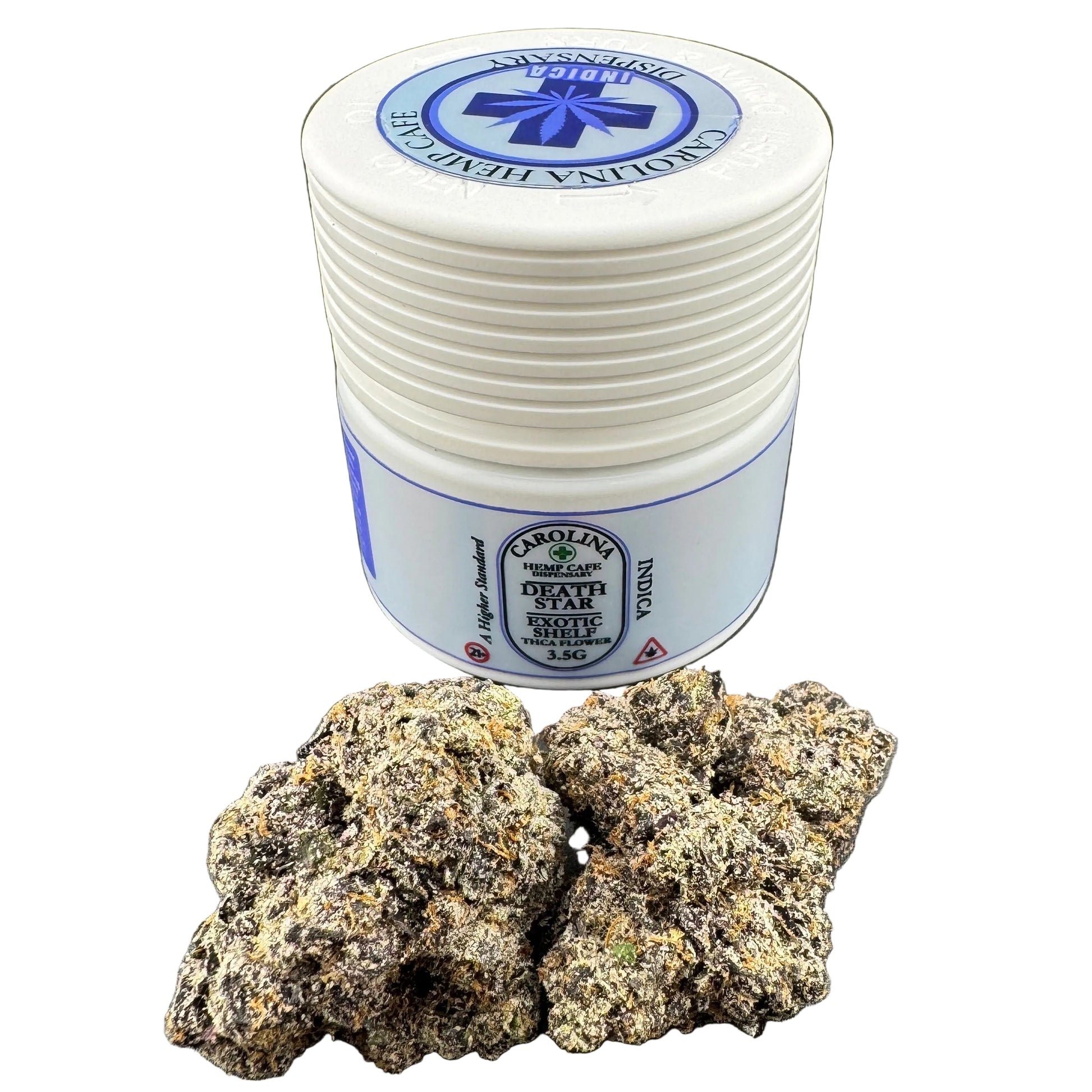 Jar of Carolina Reaper pepper with dried cannabis buds on a white background