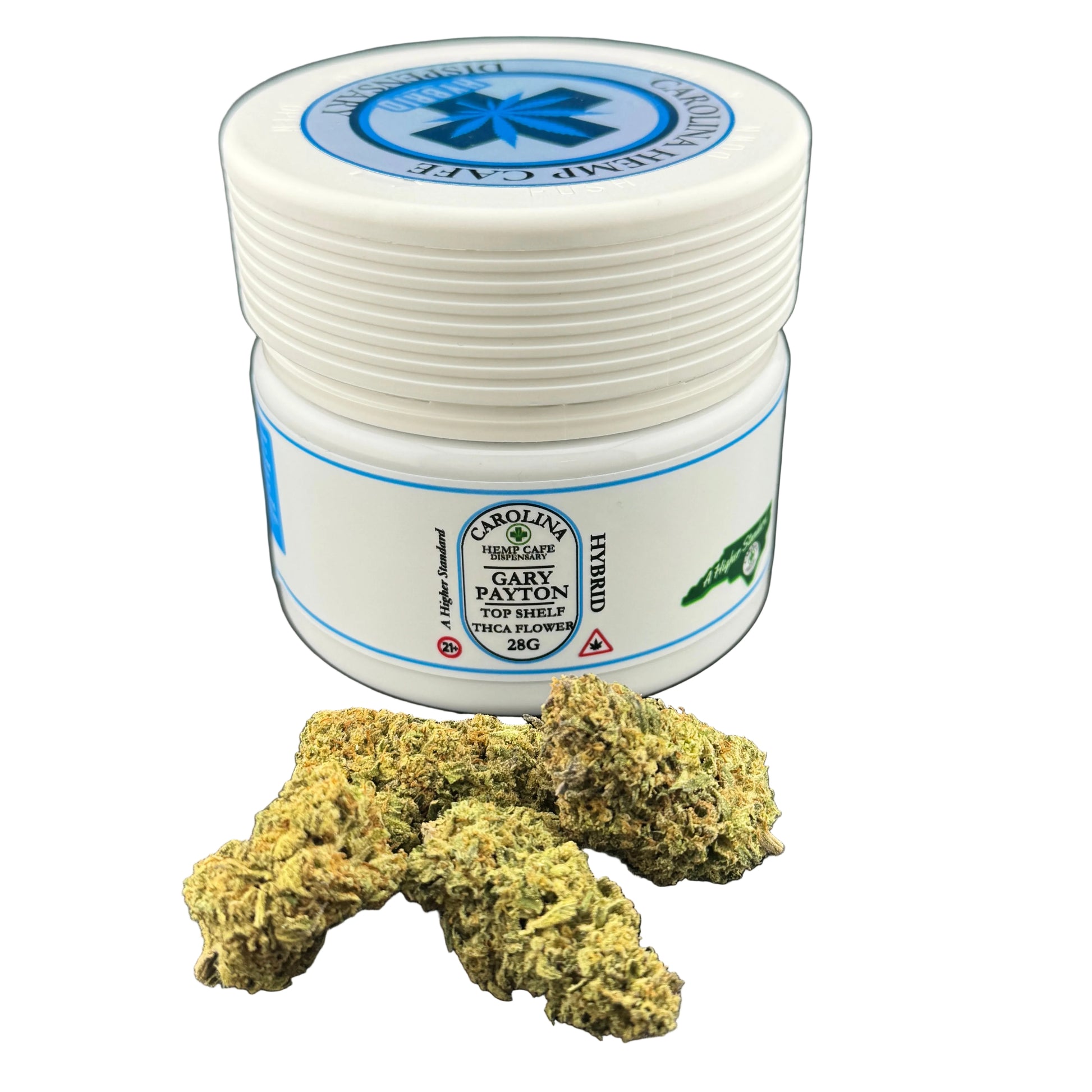 Jar of cannabis buds with a label on a gray background