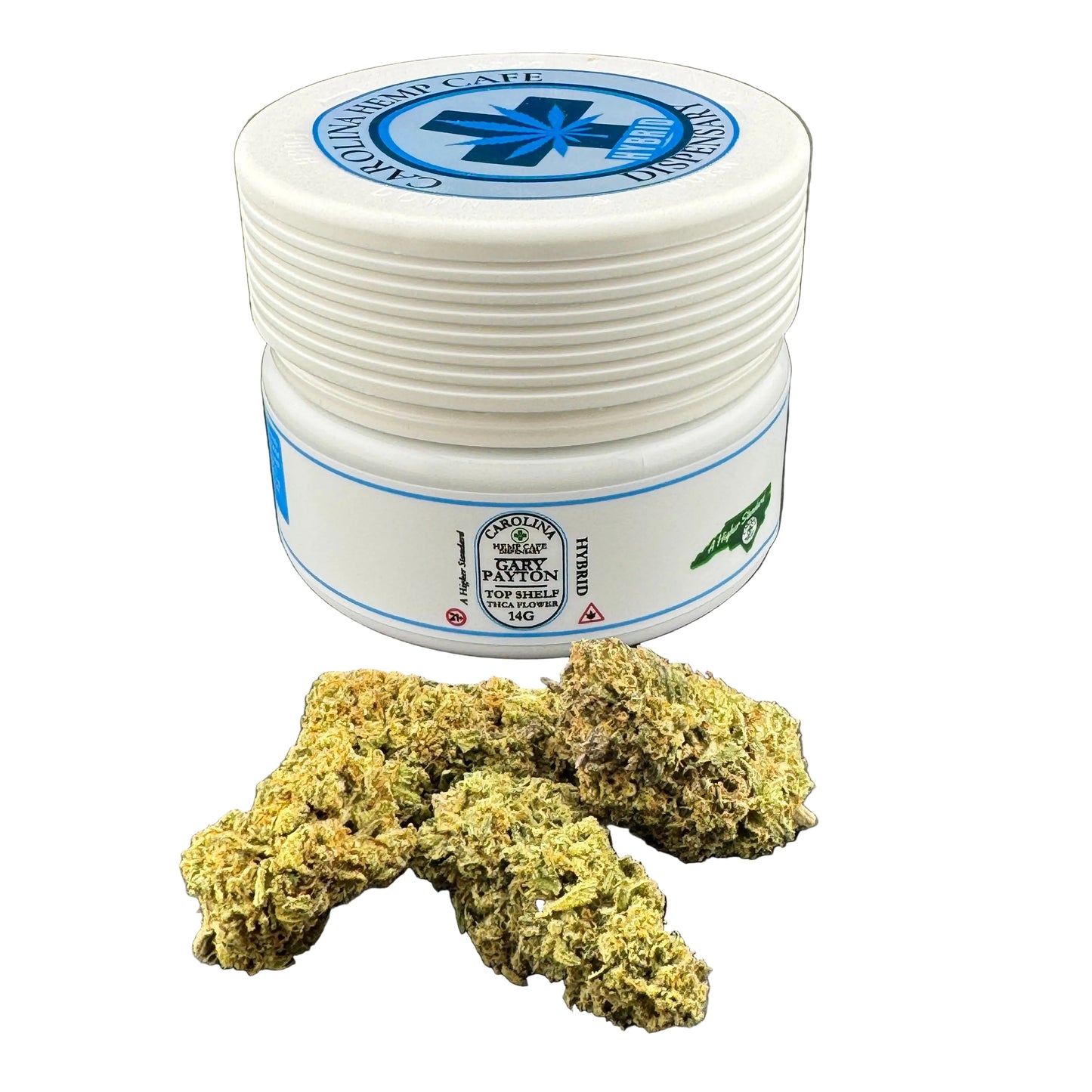 Stack of white containers with blue labels and cannabis buds on a gray background