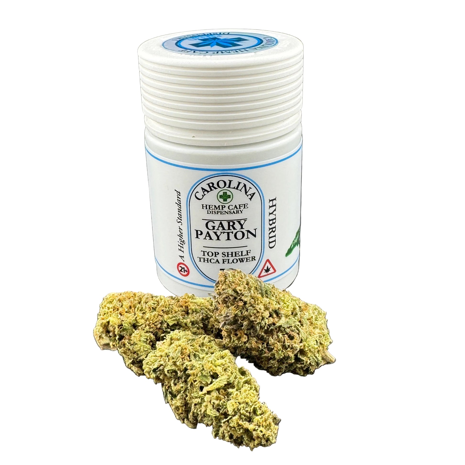 Jar of Carolina Hemp & Herbal Dispensary product with cannabis buds on a white background