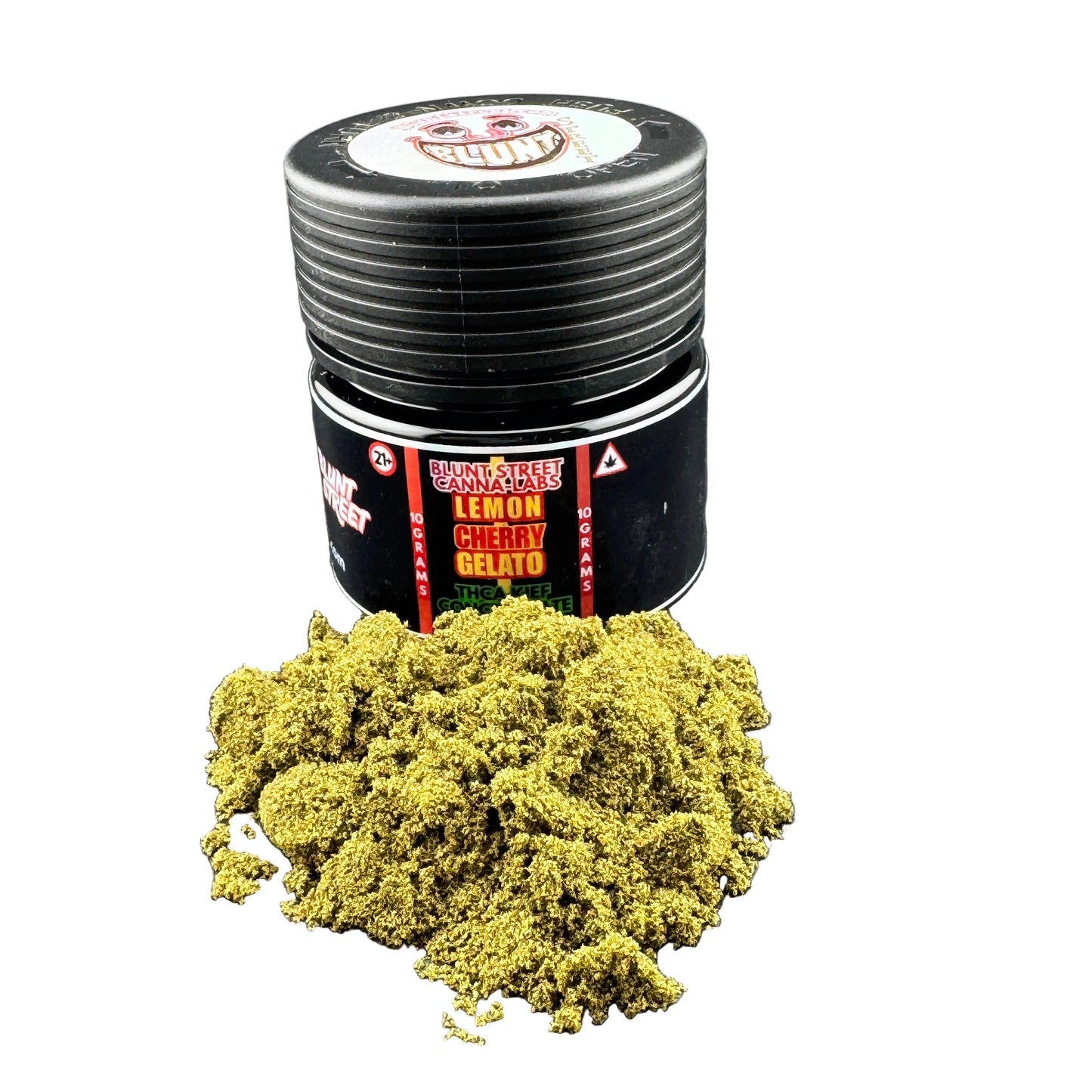 Jar of green substance labeled 'Lemon Cherry Gelato' on a gray background