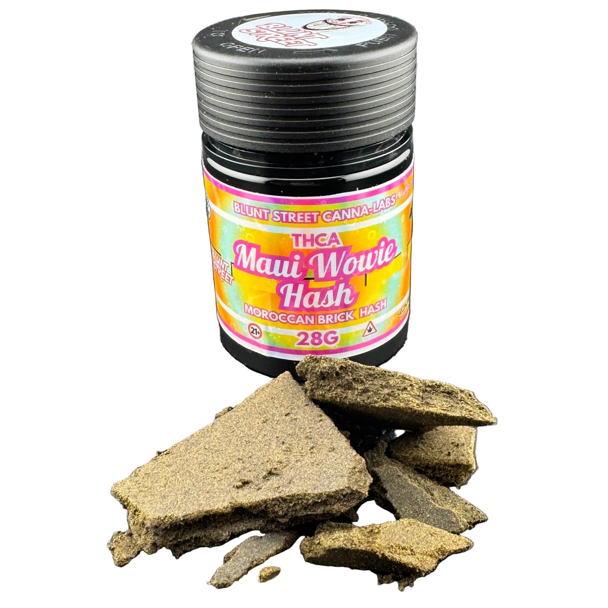Jar of Maui Wowie Hash with some hash on a gray surface