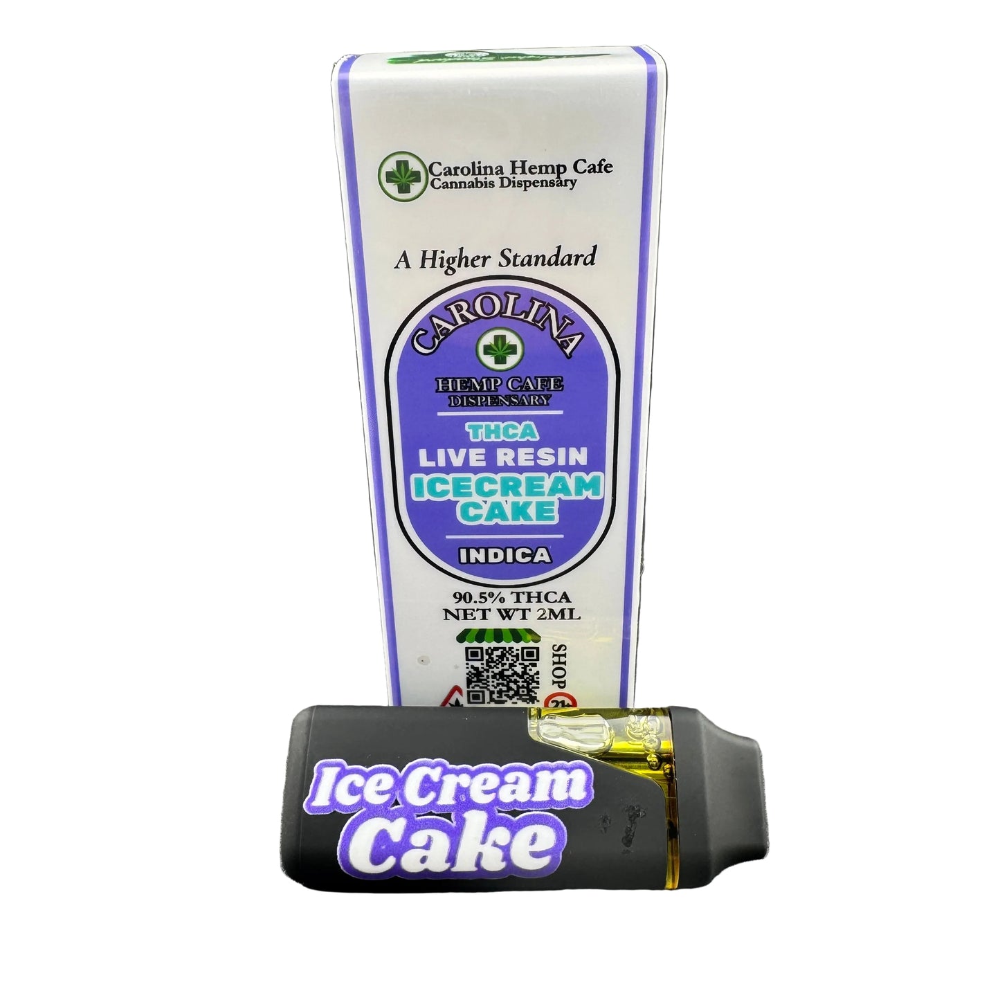 Carolina Hemp Cafe cannabis product packaging with 'Ice Cream Cake' flavor on a gray background