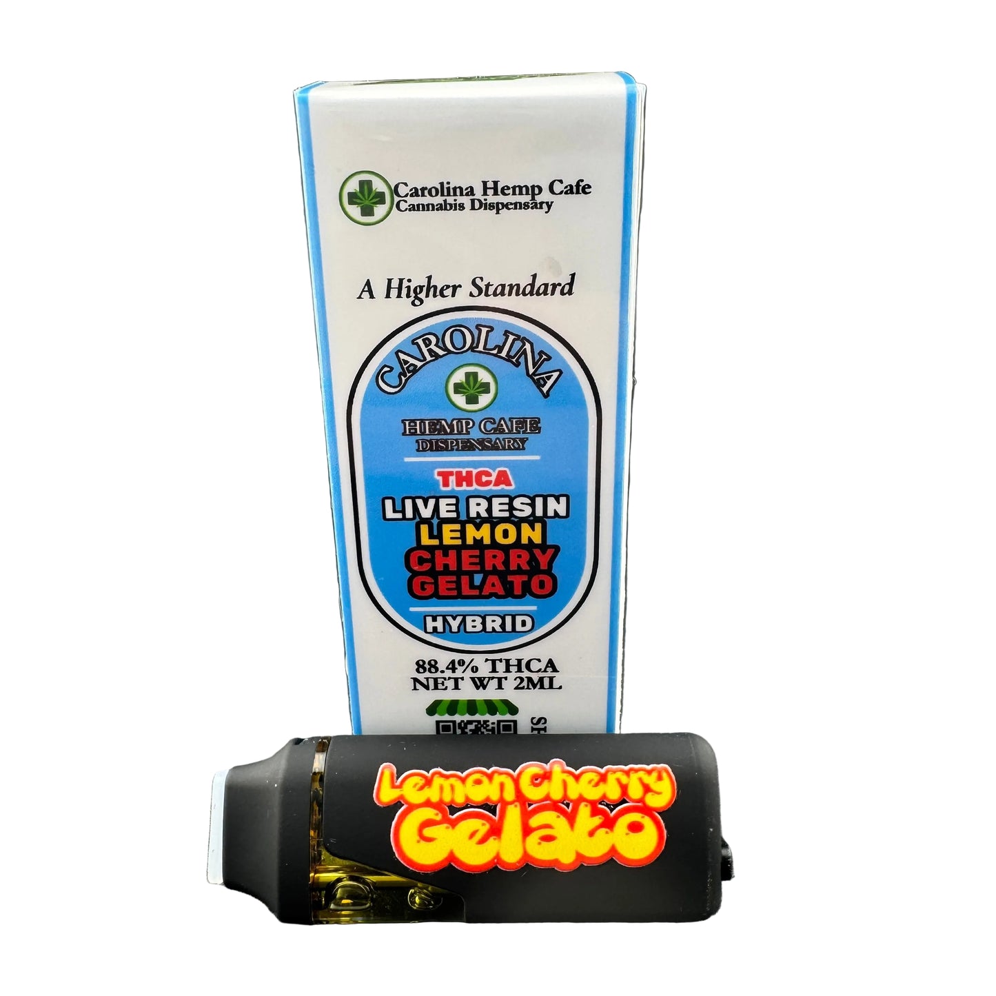 Carolina Hemp Cafe vape cartridge packaging with 'Lemon Cherry Gelato' branding on a gray background