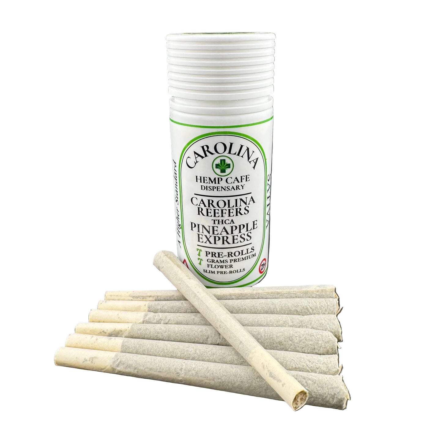 Tube of Carolina Reefs pre-rolled joints on a dark surface