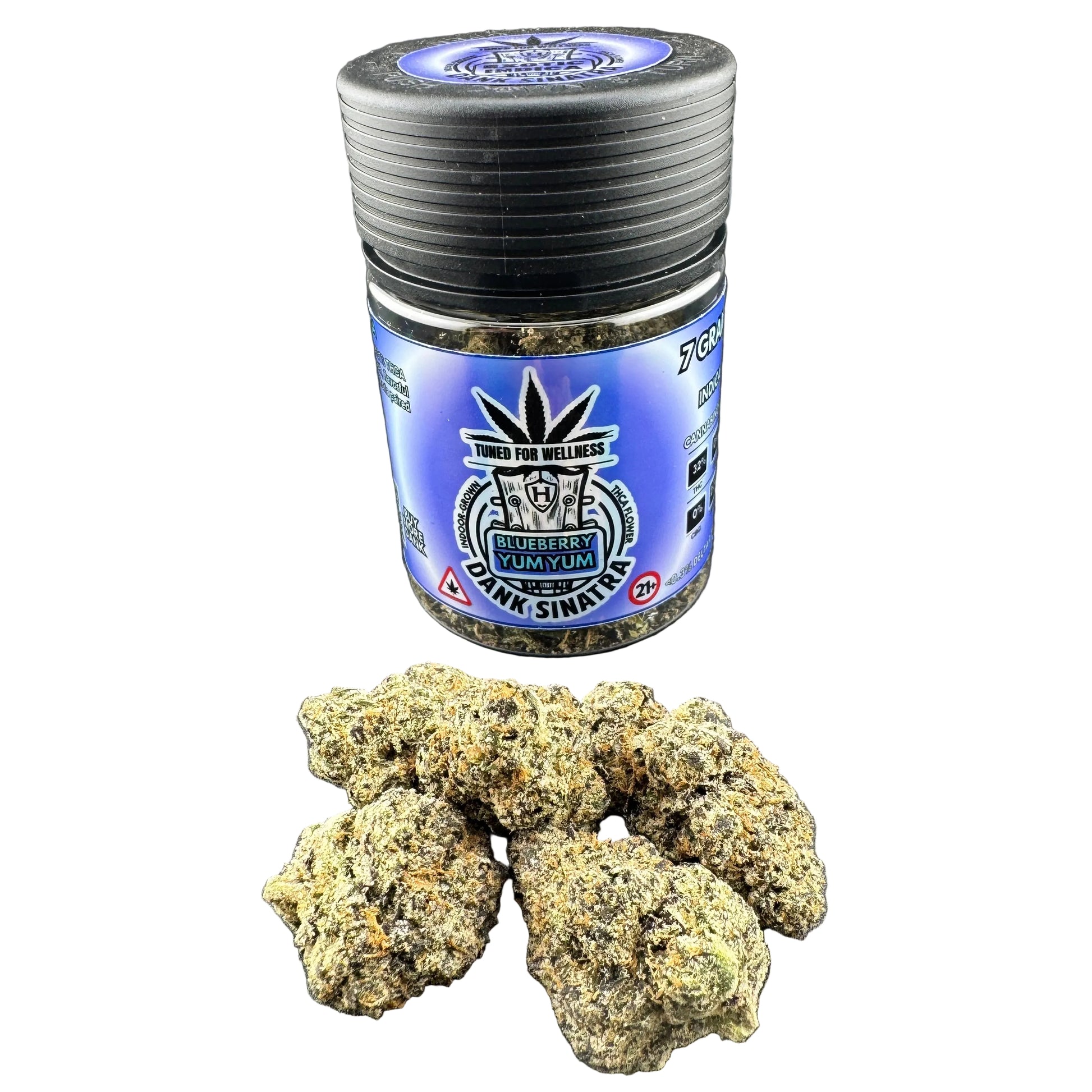 Jar of cannabis buds with a blue label on a gray background