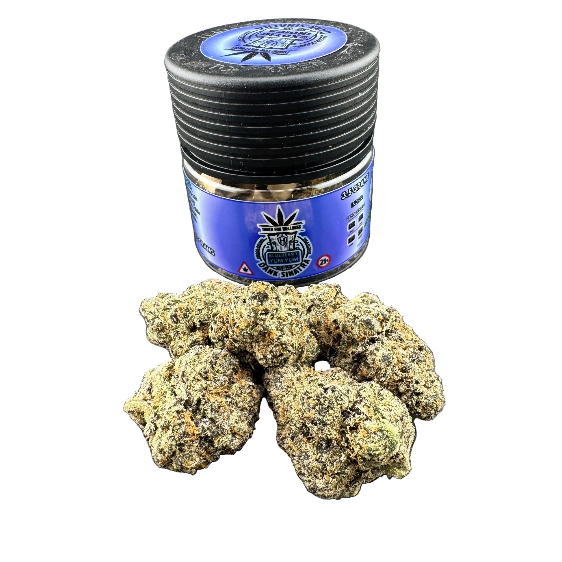 Jar of cannabis buds with a blue label on a dark surface