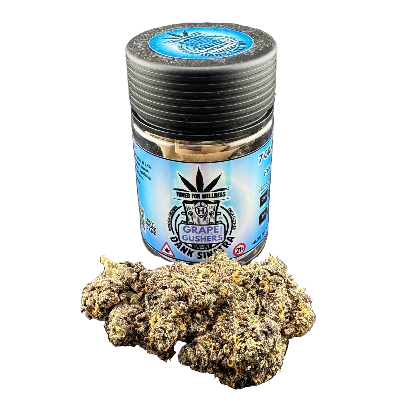 Jar of cannabis buds with a blue label on a gray background