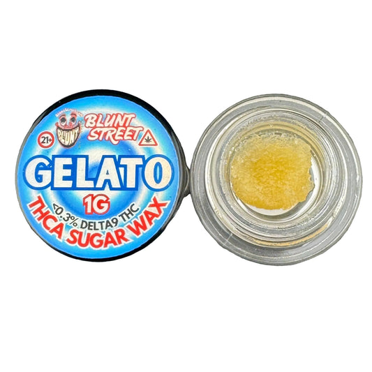 Blunt Street Gelato 1G THC sugar wax container on a gray background