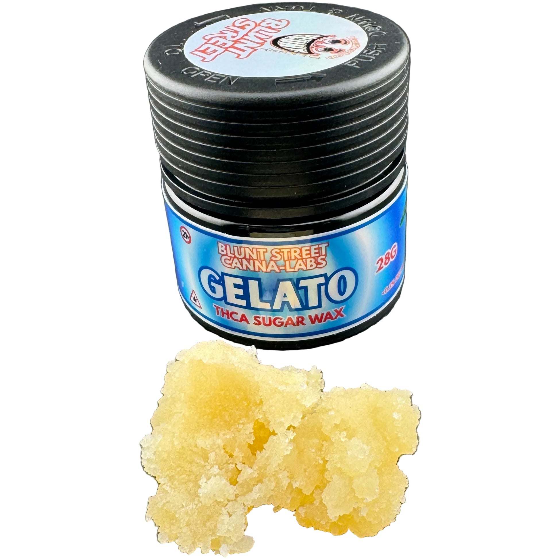Jar of 'Blunt Street Canna-Labs Gelato' THCA sugar wax on a dark surface