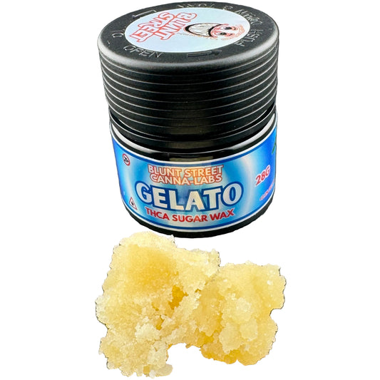Jar of 'Blunt Street Canna-Labs Gelato' THCA sugar wax on a dark surface