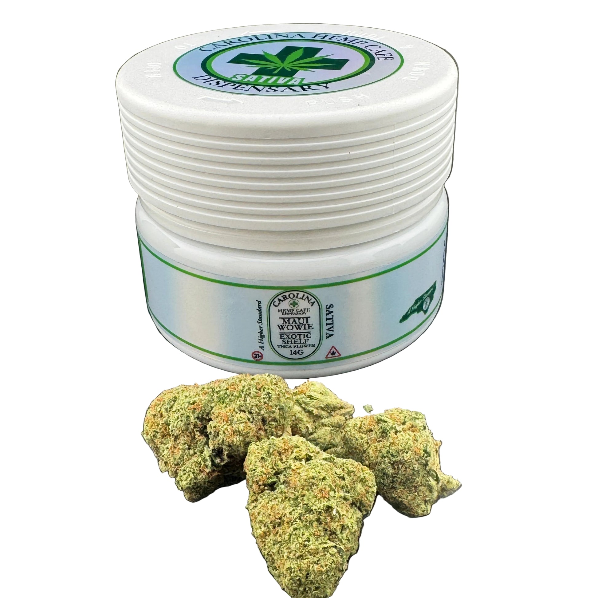White container with green label on a black surface with cannabis buds.