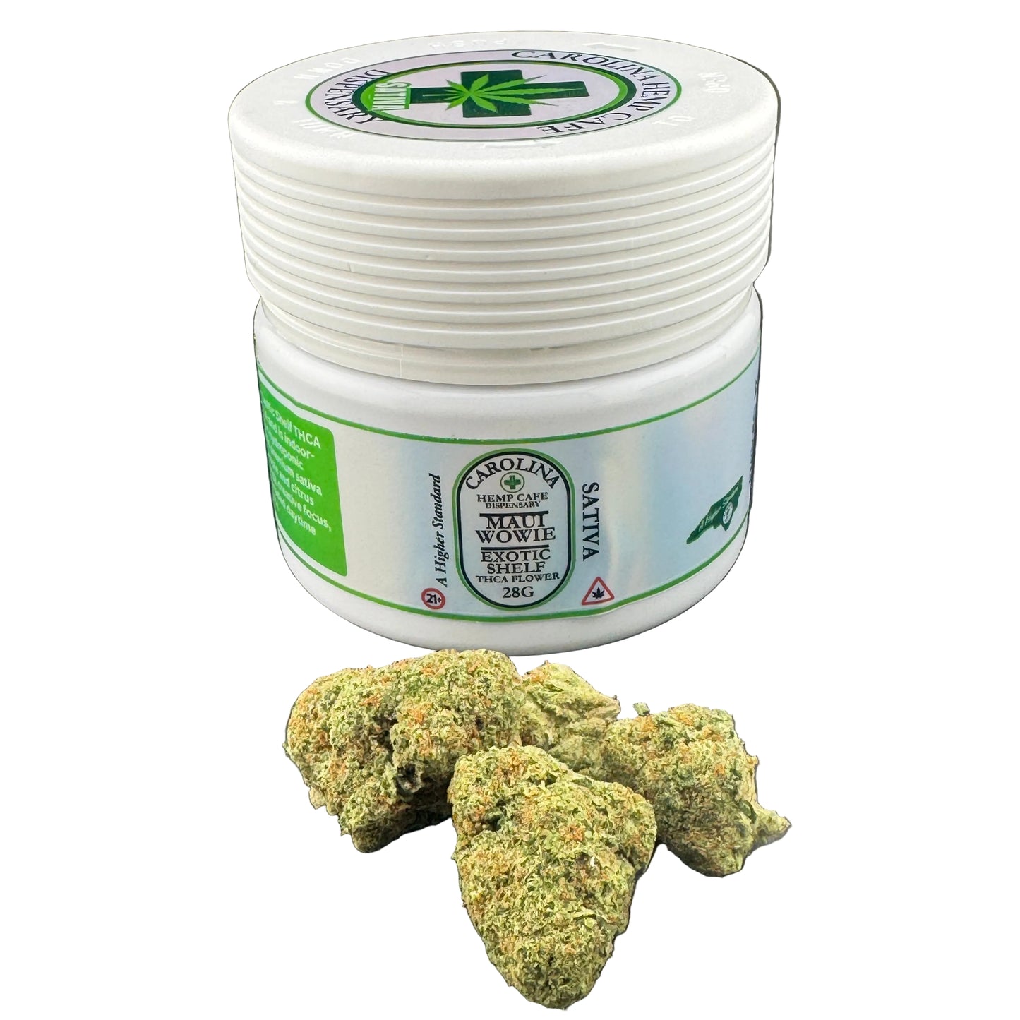 White container with green label and cannabis buds on a dark surface