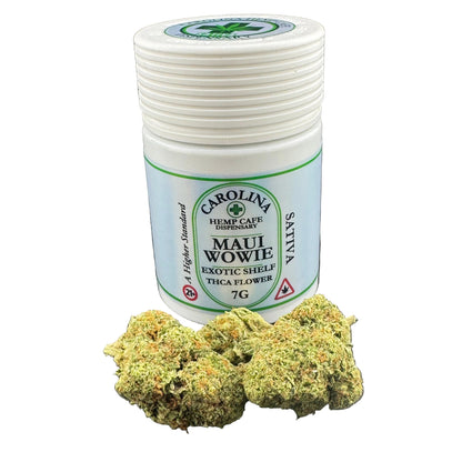 Jar of Carolina Hemp Cafe Maui Wowie with cannabis buds on a black background