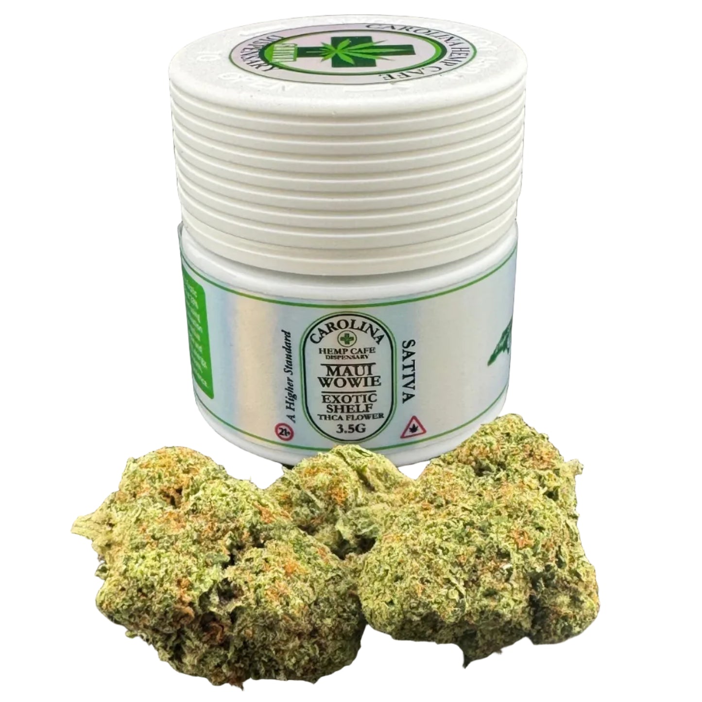 Marijuana buds with Carolina Hemp Company containers on a dark surface