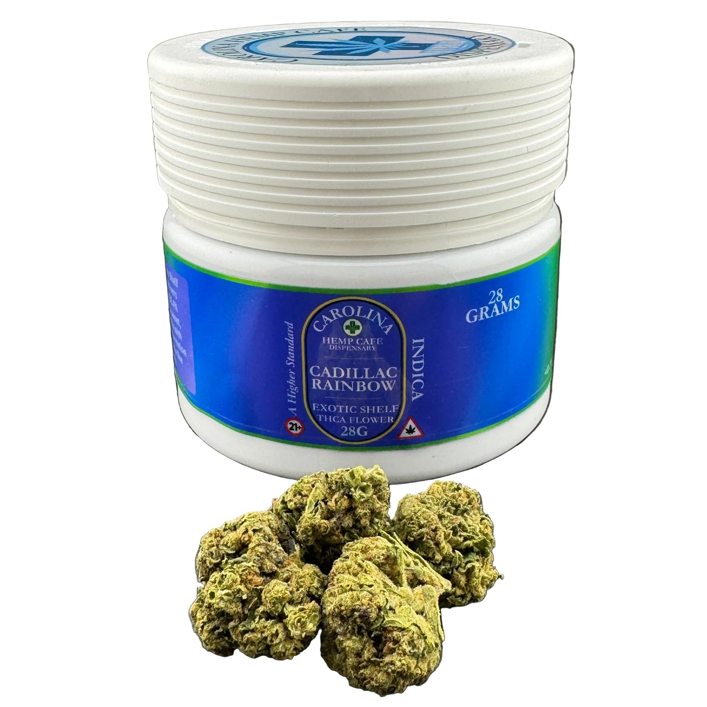 Jar of Carolina Hemp Seed Company product with cannabis buds on a dark surface