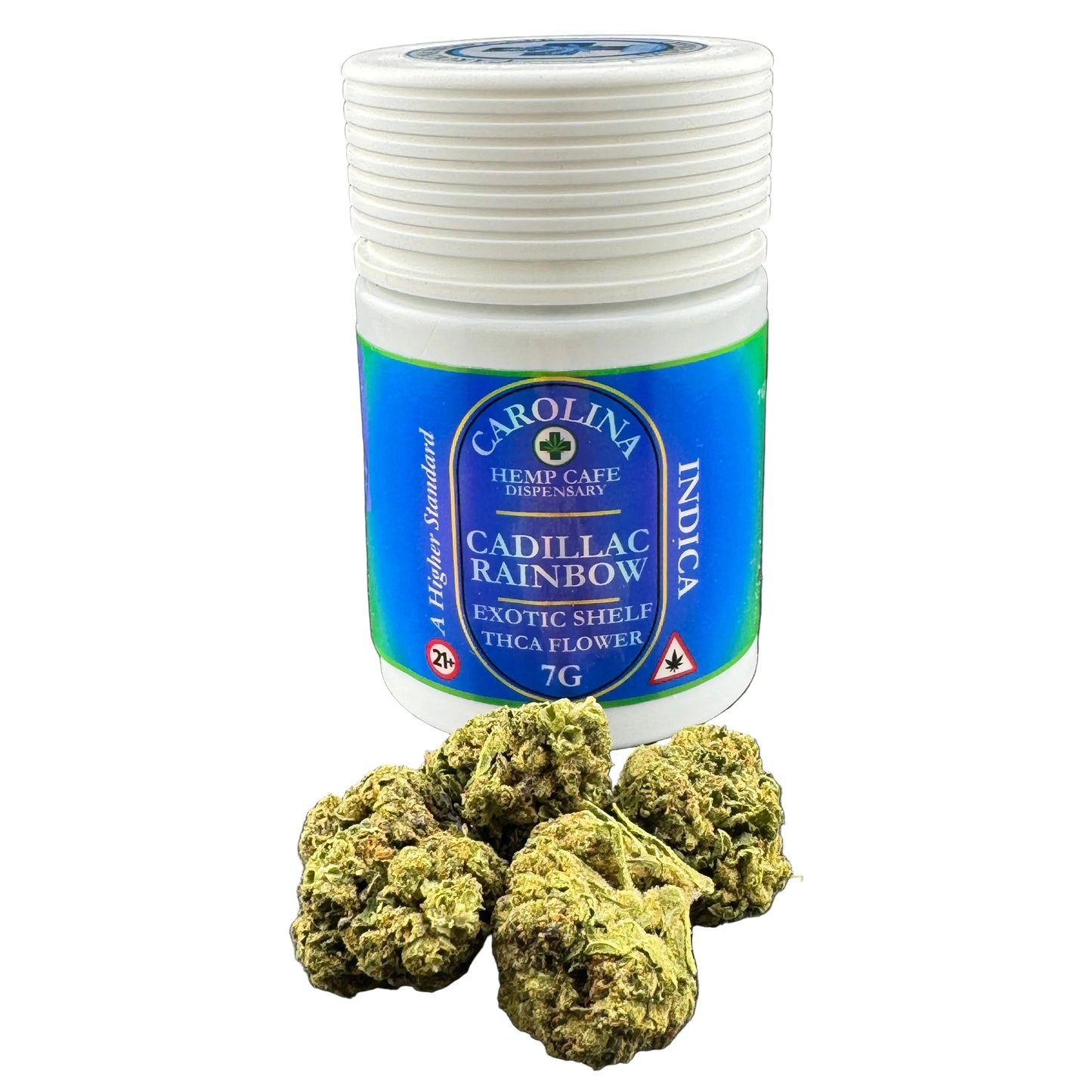Jar of Carolina Hemp Cafe Cadillac Rainbow Indica cannabis with green buds on a dark surface
