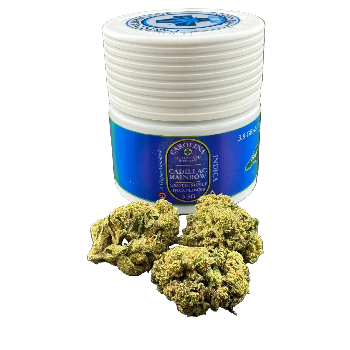 Jar of Cadillac Rainbow cannabis buds with a blue label on a dark surface