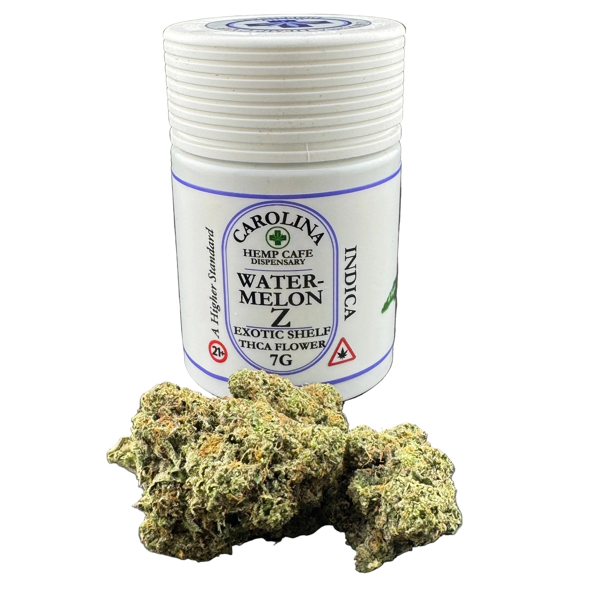 Carolina Hemp Cafe watermelon indica flower container with cannabis buds on a black background