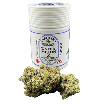 Carolina Hemp Cafe watermelon indica flower container with cannabis buds on a black background