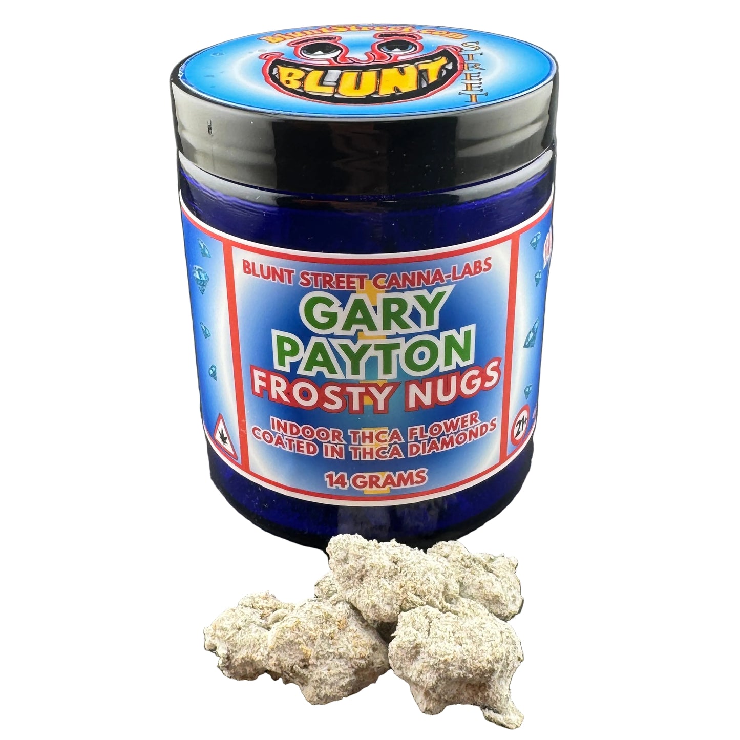 Jar of 'Gary Payton Frosty Nugs' withTHCA flower on a black background