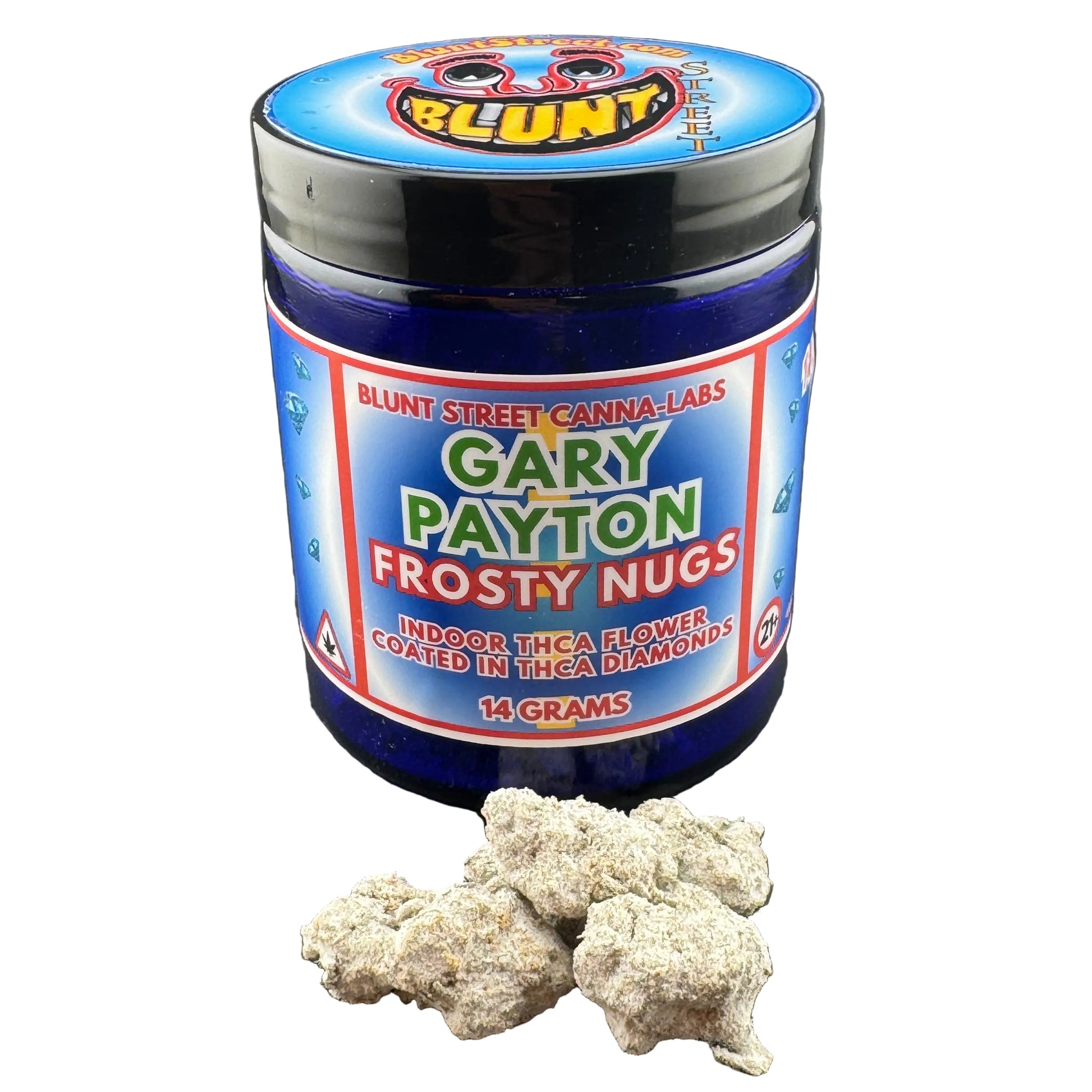 Jar of 'Gary Payton Frosty Nugs' withTHCA flower on a black background