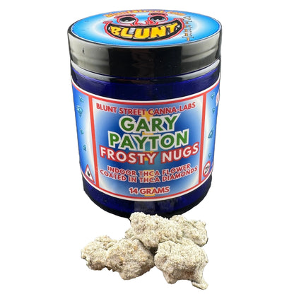 Jar of 'Gary Payton Frosty Nugs' withTHCA flower on a black background