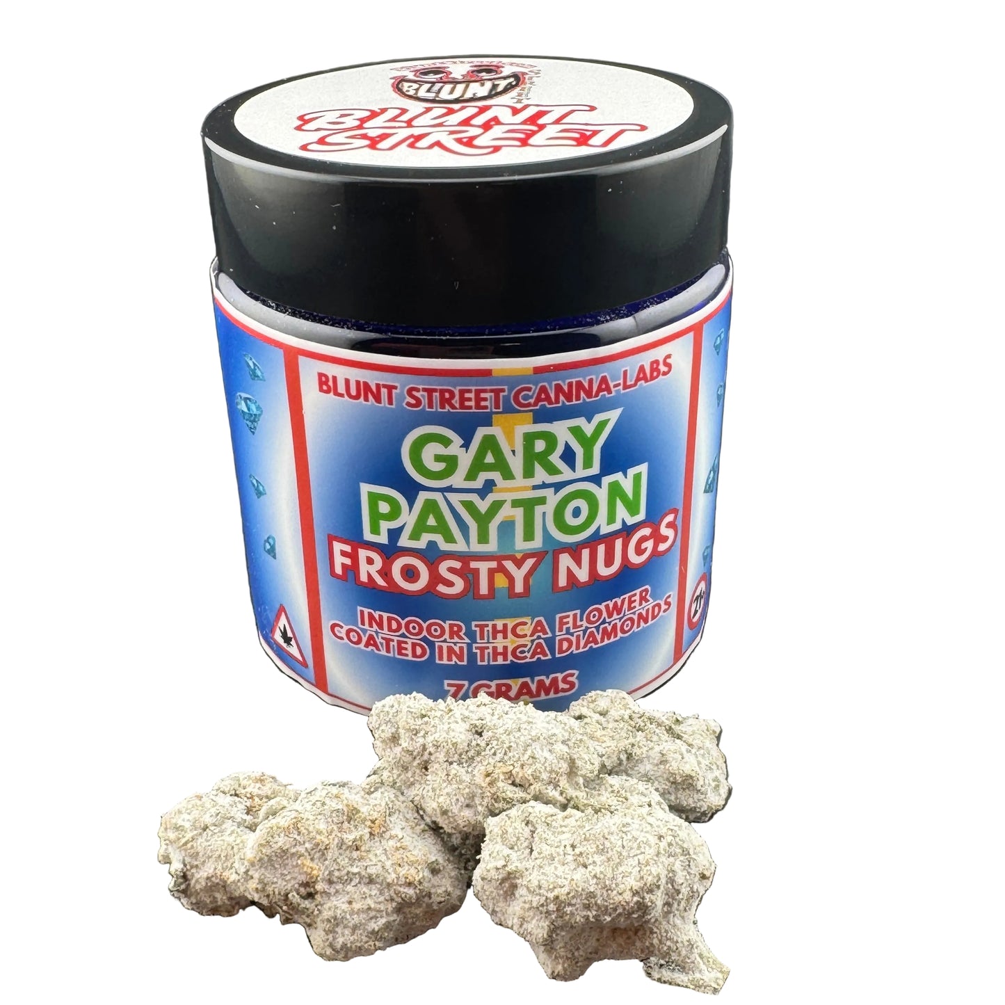 Jar of 'Gary Payton Frosty Nugs' by Blunt Street Canna Labs on a dark surface