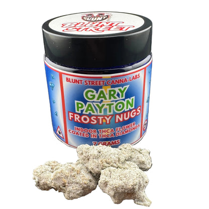 Jar of 'Gary Payton Frosty Nugs' by Blunt Street Canna Labs on a dark surface