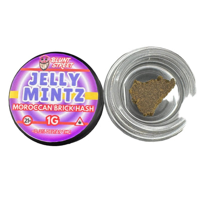 Jelly Mintz Moroccan Brick Hash container with hash inside on a gray background