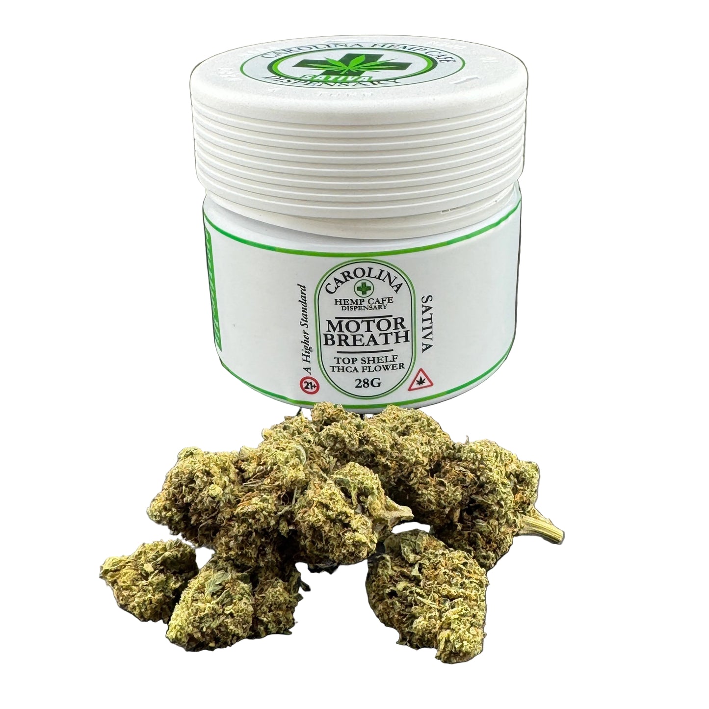 Jar of 'Carolina Hemp' Motor Breath Sativa with cannabis buds on a gray background