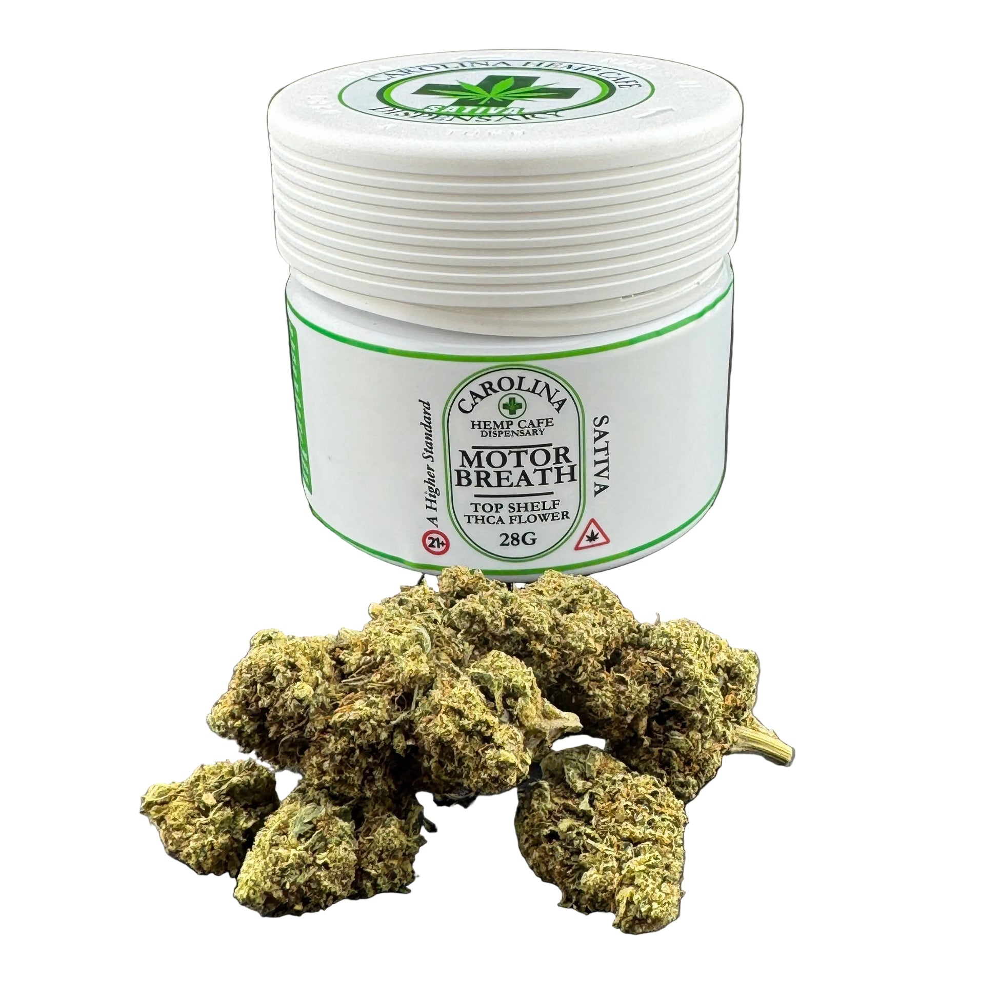 Jar of 'Carolina Hemp' Motor Breath Sativa with cannabis buds on a gray background