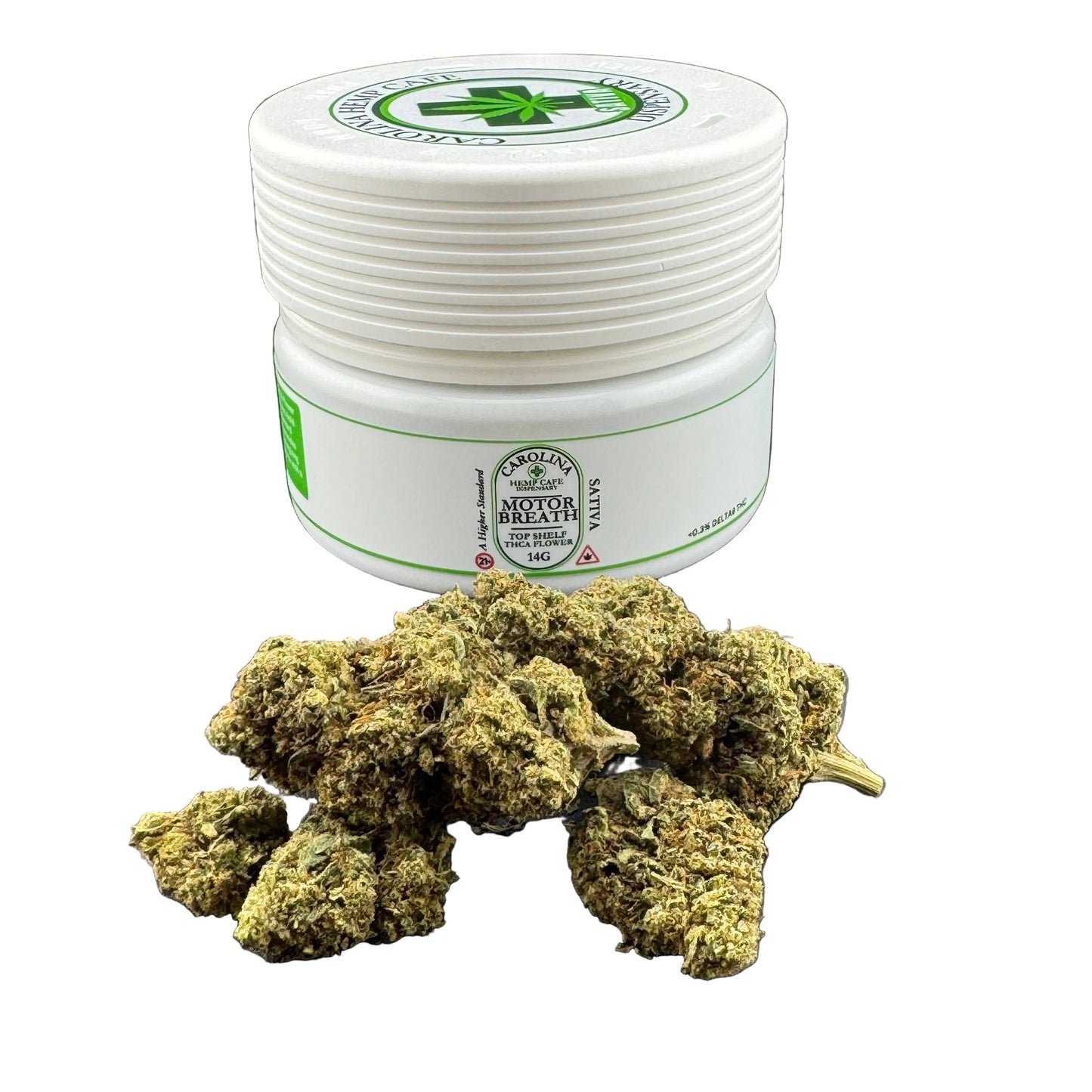 White container with cannabis buds on a gray background