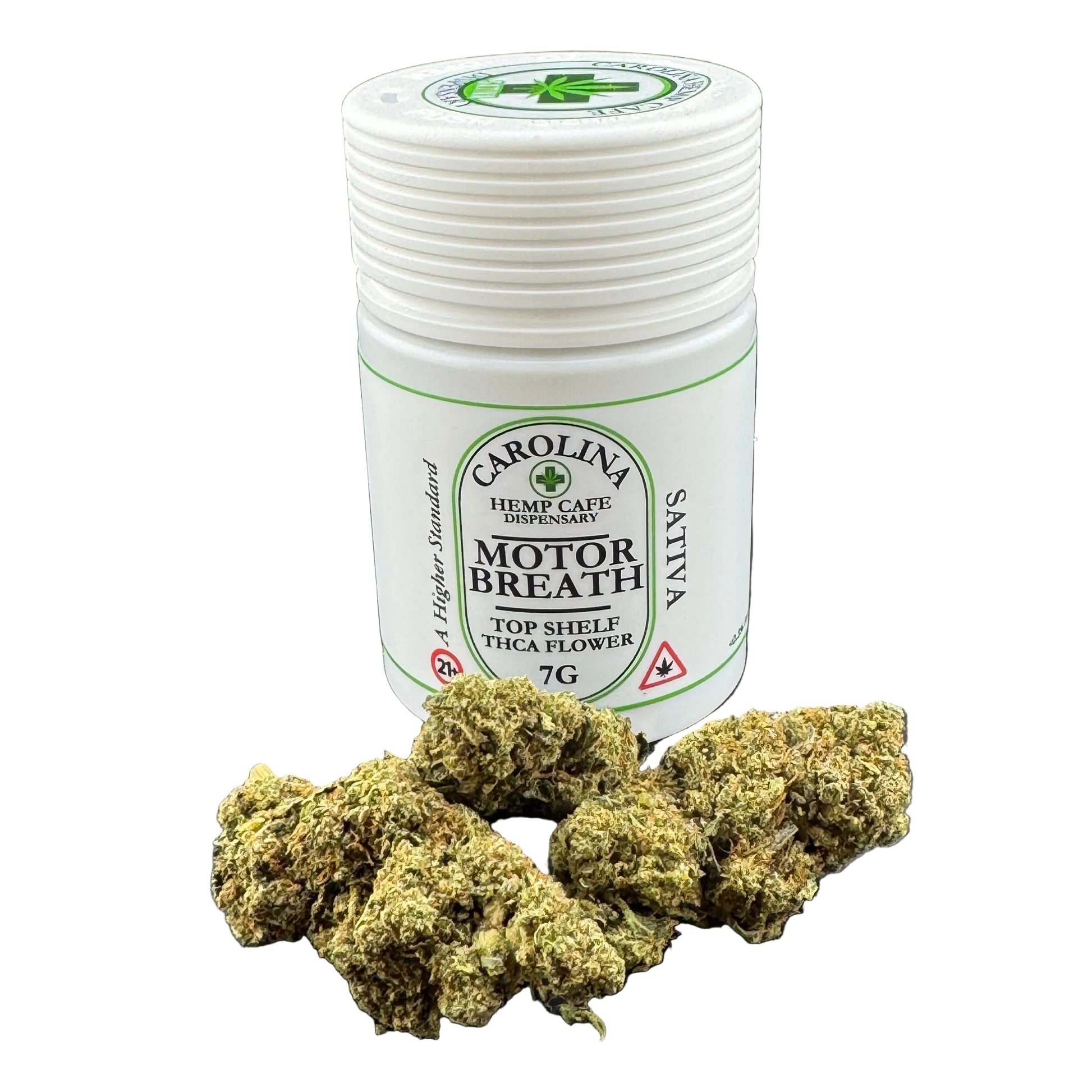 Jar of Carolina Motor Breath cannabis flower on a gray background