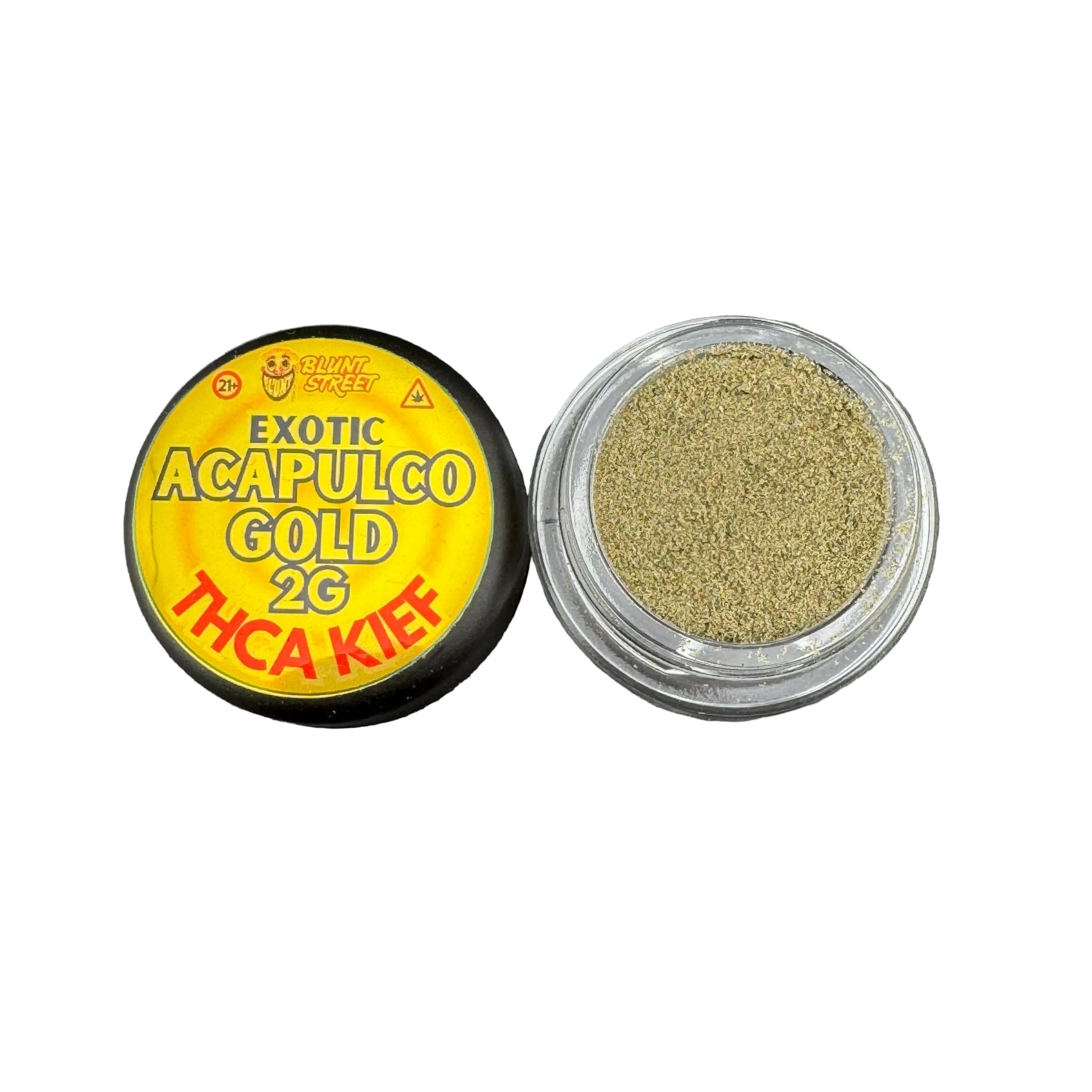 Exotic Acapulco Gold 2G THCA Kief container with green substance on a gray background