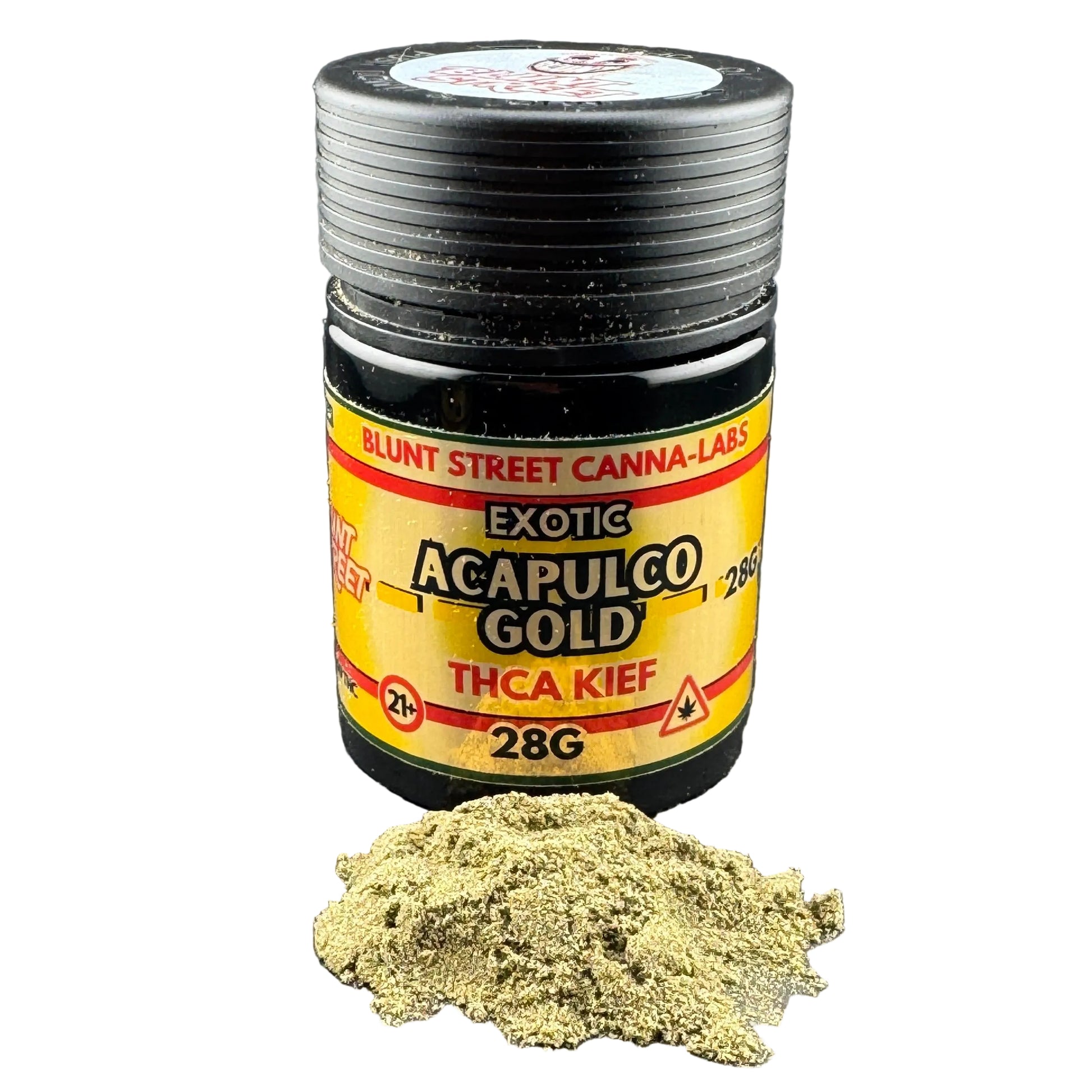 Jar of Acapulco Gold THCA Kief with a small pile of the product on a dark surface