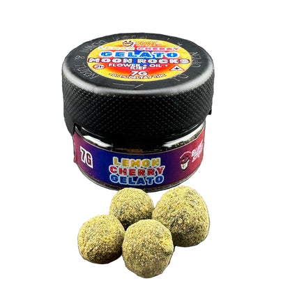 A small jar labeled 'Gelato Room Rodz Lemon Cherry Gelato' with four green-brown gelato balls placed in front, photographed on a dark textured surface.