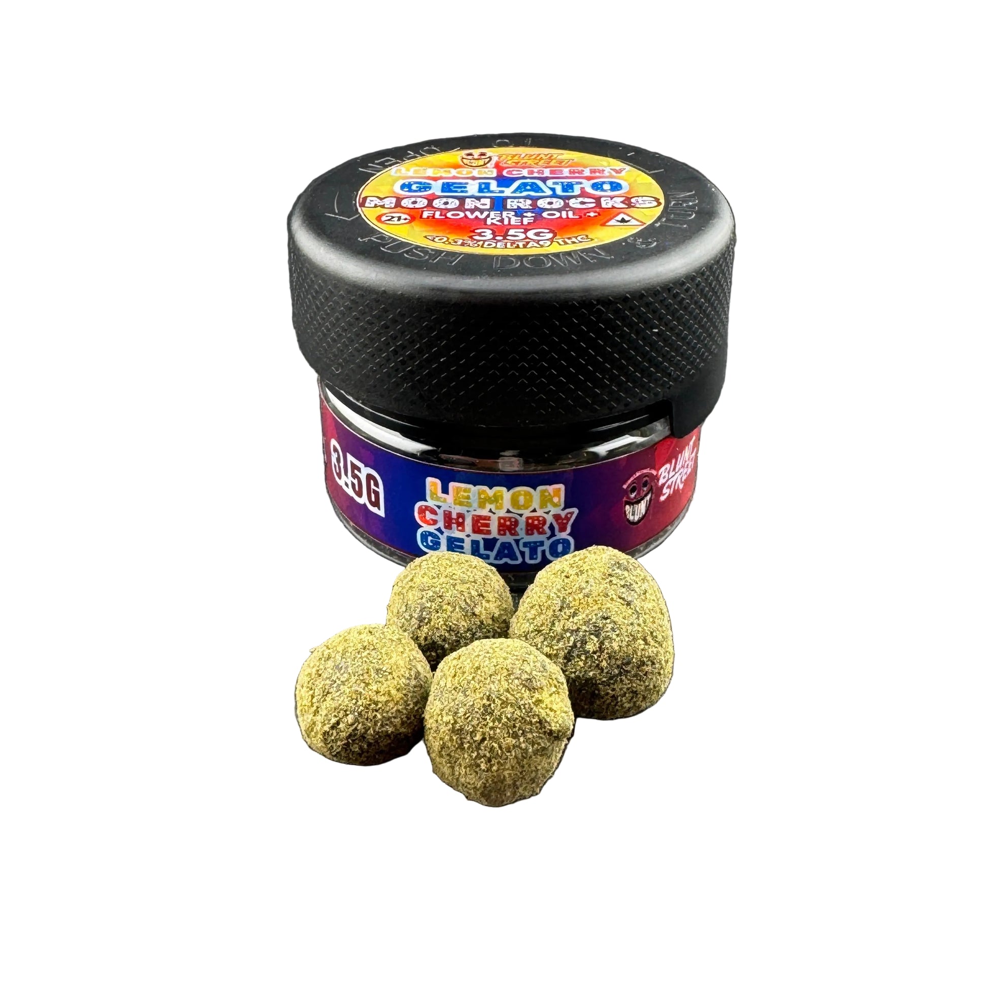 A jar of Gelato Monstrero Lemon Cherry gelato balls with four gelato balls placed in front on a white background.
