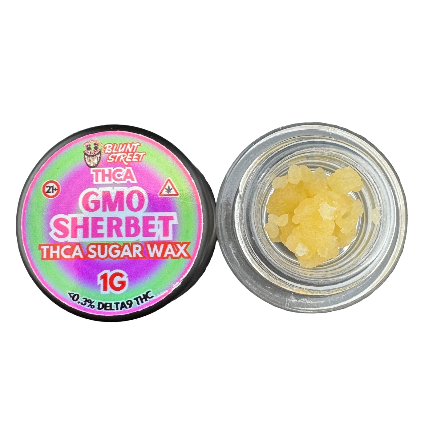 A small round jar of Blunt Street THCA Sugar Wax shown open, with the colorful lid beside it and pale yellow wax crystals visible inside the clear container on a white background.