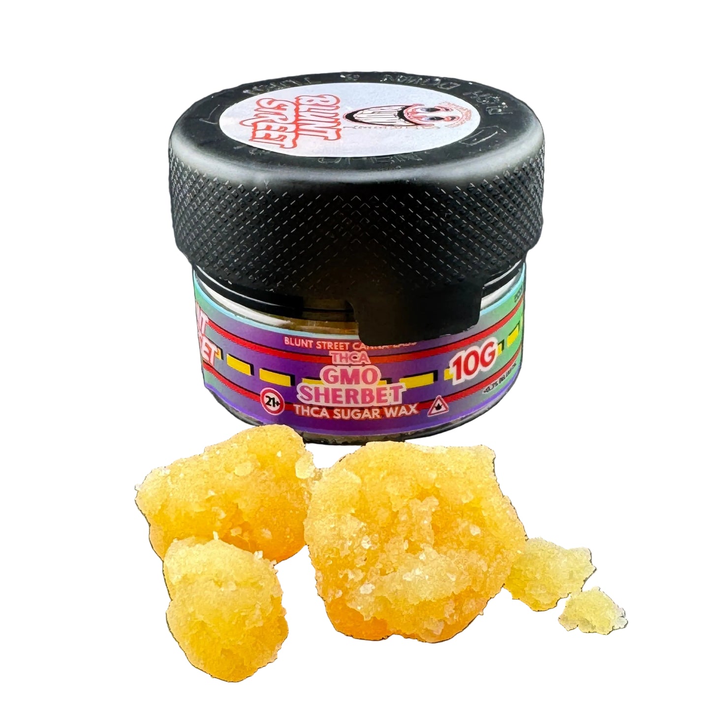 A jar of Blunt Street Labs GMO Sherbet THCA sugar wax with a black lid and colorful label, shown with several pieces of yellow-orange crystalline wax in front on a white background.