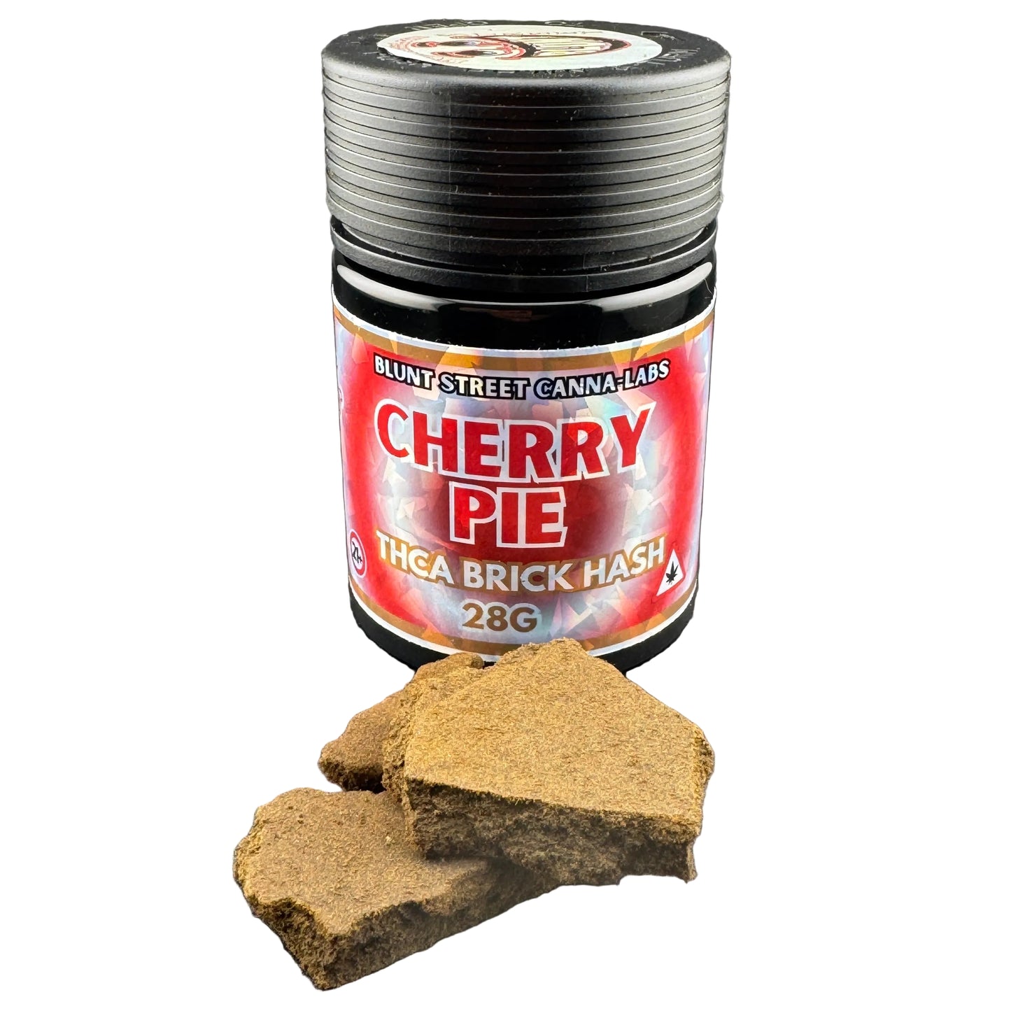 A jar of Blunt's Street Canna Labs Cherry Pie THGA Brick Hash (28g) shown with several pieces of the brown hash displayed in front on a white background.