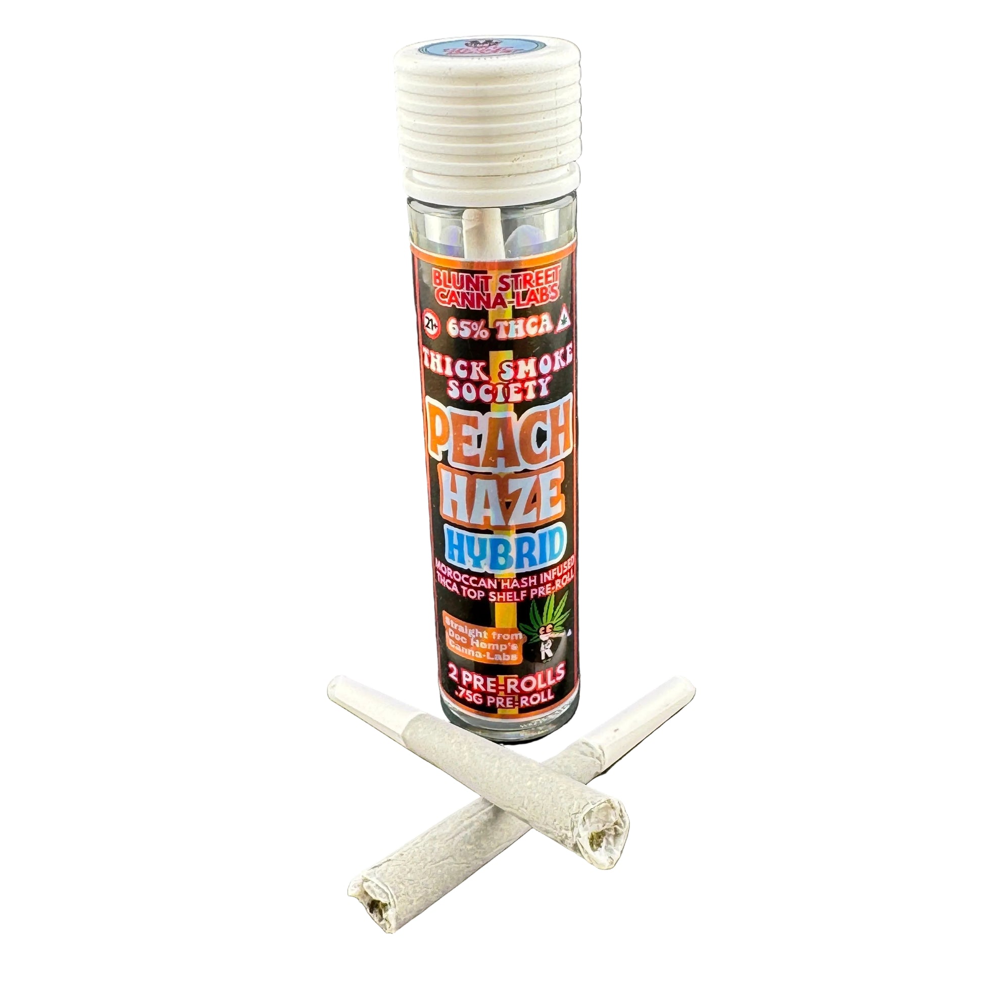 A clear plastic bottle of Peach Haze Hybrid pre-rolled joints with a white screw cap, standing upright on a dark gray surface, with two rolled joints placed in front of it.