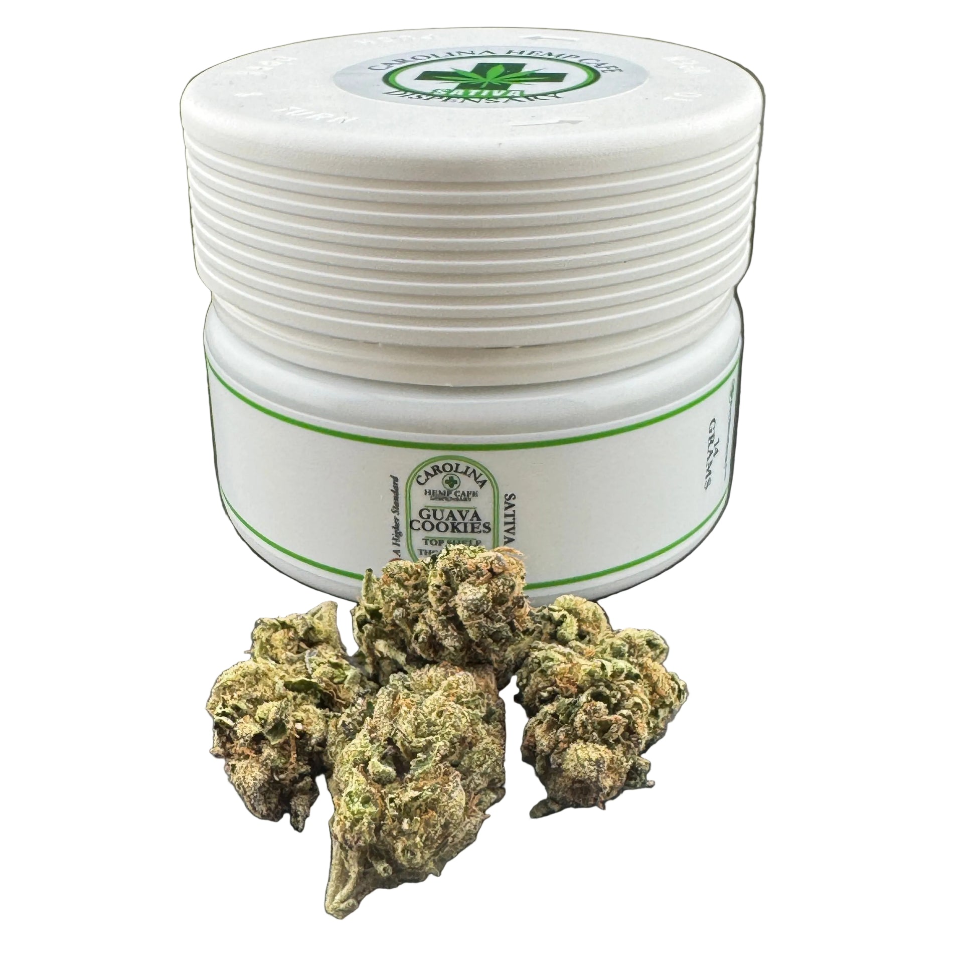 A white plastic jar of Landmark Organics Guaya Covail wax with a green logo, displayed on a dark gray background with several green and brown dried flower buds in front.