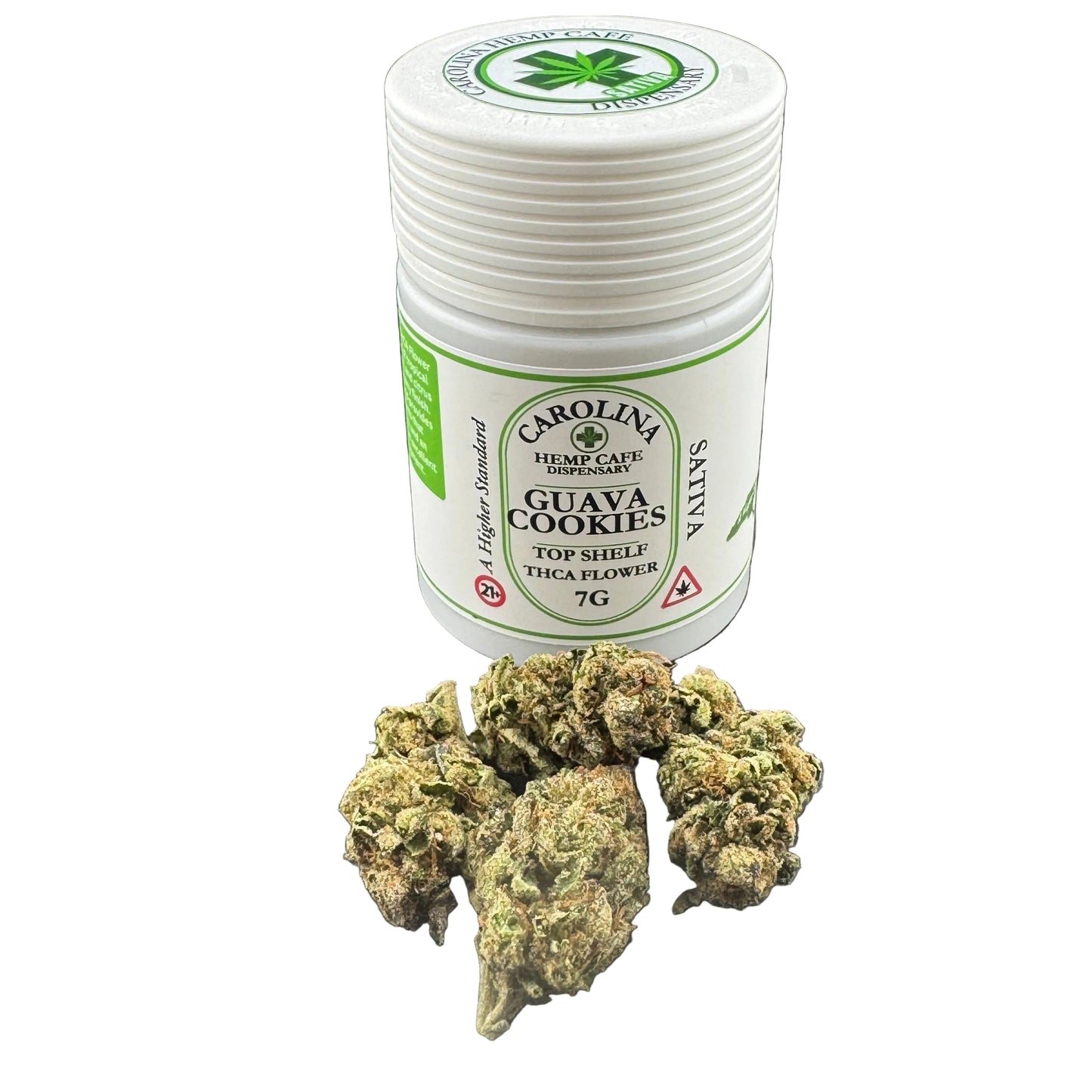 A white plastic jar of Carolina HempCare Organics Guava Cookies top shelf triga flower, 7g, shown with several dried green and brown cannabis buds in front of it on a dark gray background.