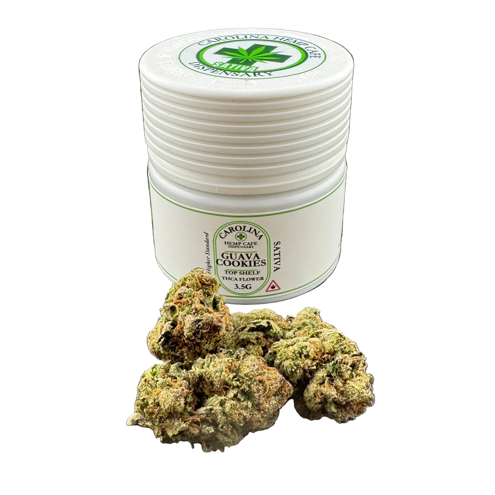 A white plastic jar labeled 'Guayava Cookies' with a green leaf logo, placed on a dark gray surface with several dried green cannabis buds in front of it.