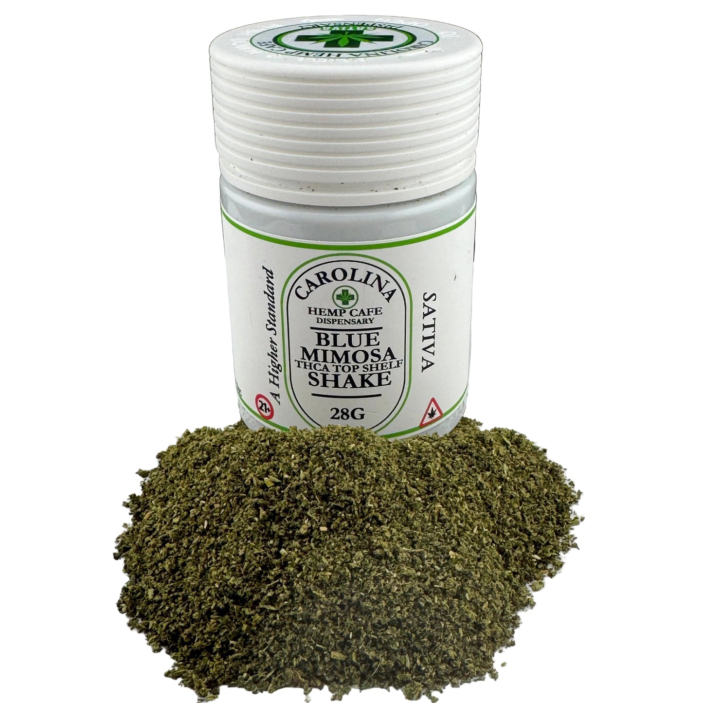 A white plastic jar of Carolina Hemp Cafe Blue Mimosa Coffee Spice Shake, with a pile of the dark green loose herbal powder spilled in front on a white surface against a black background.