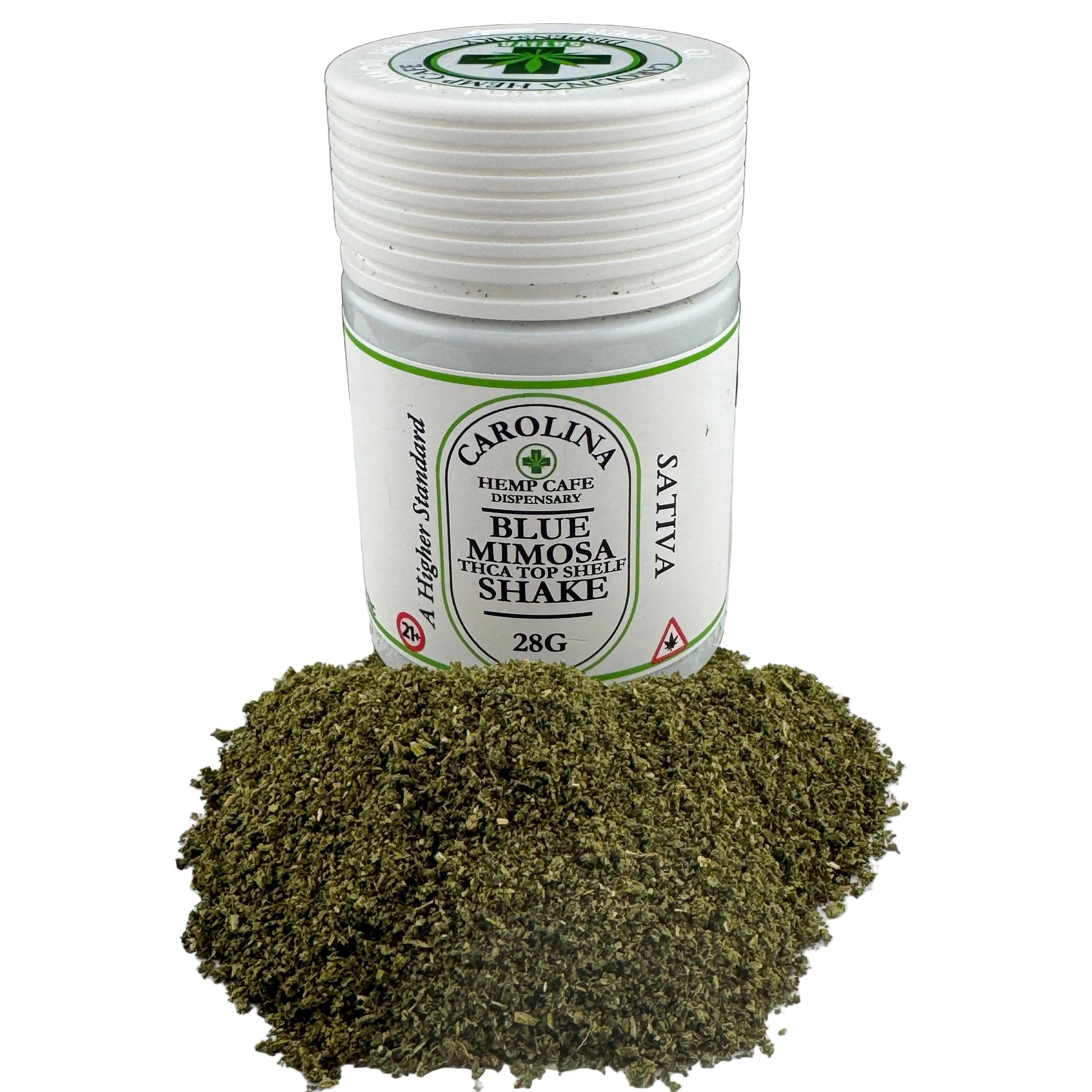 A white plastic jar of Carolina Hemp Cafe Blue Mimosa Coffee Spice Shake, with a pile of the dark green loose herbal powder spilled in front on a white surface against a black background.